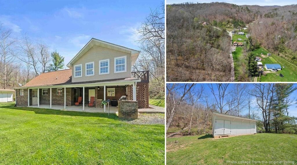 Exterior and land collage of a Louisa Kentucky brick home with workshop and 13 private acres