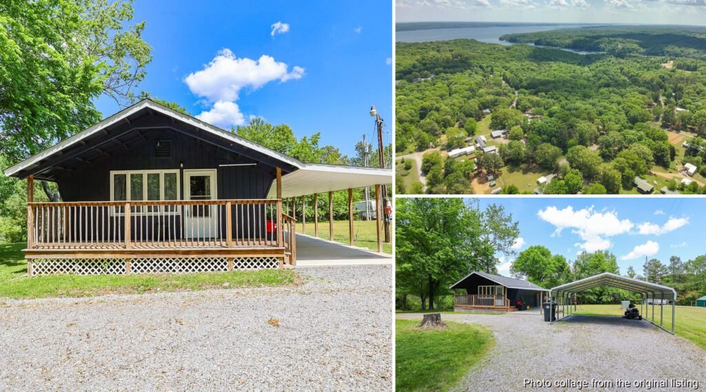 Exterior and land collage of a Kentucky Lake cabin near Murray with circular drive and covered boat parking
