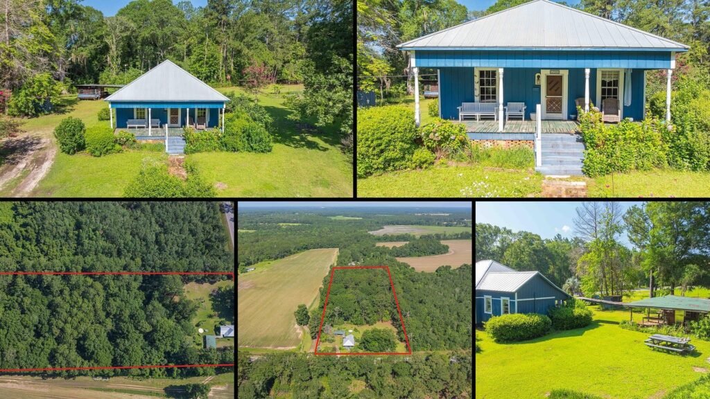 Land and exterior collage of a cheap Georgia farmhouse with land in Ochlocknee: 4.61 acres of mature trees and open green space with a workshop, storage shed and covered porch.