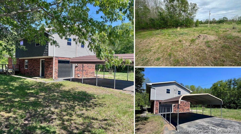 Exterior and land collage of a home on 4.85 wooded acres near Paducah with porch garage and carport