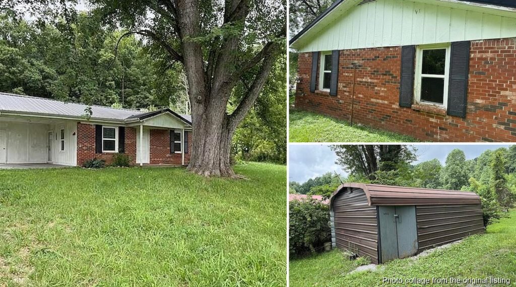 Exterior and land collage of a cheap Parksville Kentucky ranch on 1 acre with carport and storage shed