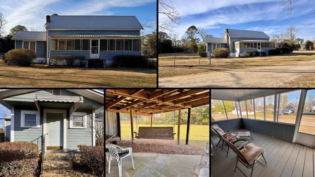 Land and exterior collage of a cheap Georgia farmhouse with land in Pelham: a 1.15-acre lot with a metal roof, a separate storage building, a screened porch and a chain-link-fenced yard.