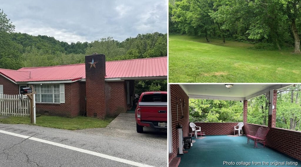 Exterior and land collage of a Pilgrim Kentucky brick ranch on 1.7 acres with garden and two-car carport
