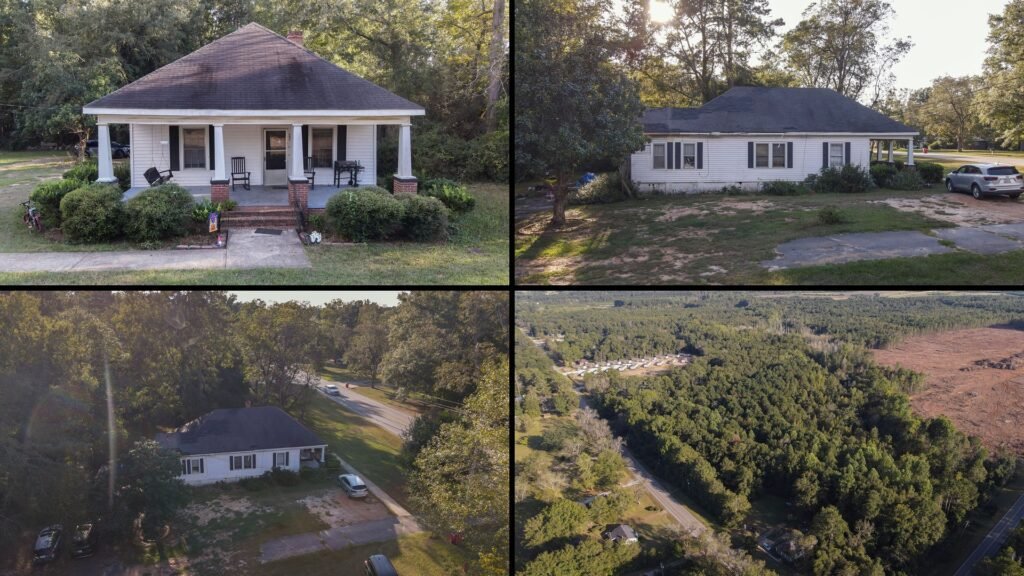 Land and exterior collage of a cheap Georgia farmhouse with land in Sandersville: 18.52 acres on a corner lot with curb appeal, walkable to downtown Sandersville, with room to subdivide.