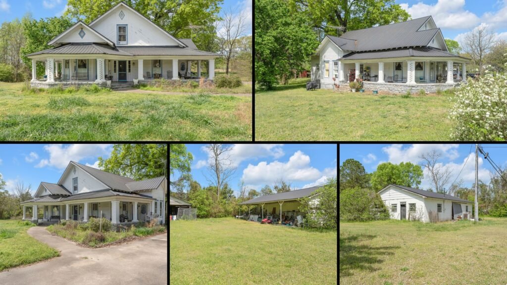 Land and exterior collage of a cheap Georgia farmhouse with land in Tignall: 9 acres with a peach, pear, pecan and walnut orchard, a storage barn, a carport and a front sitting porch.