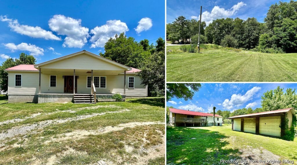 Exterior and land collage of a Whitley City Kentucky home on 1.4 acres with detached garage
