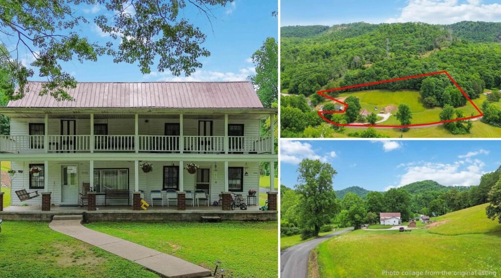 Exterior and land collage of an 1888 Woodbine Kentucky farmhouse with two-story porch and nearly 6 acres