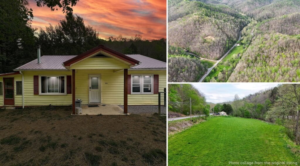 Exterior and land collage of a Woollum Kentucky ranch with workshop shed and 25 mountain acres