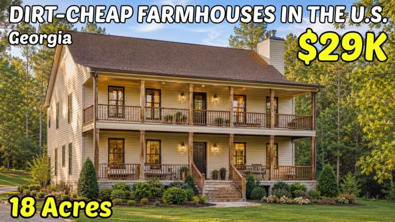 Cheap farmhouses in Georgia with land — a rural Georgia farmhouse on open acreage, representing 10 affordable properties from $274,900 down to $29,999.