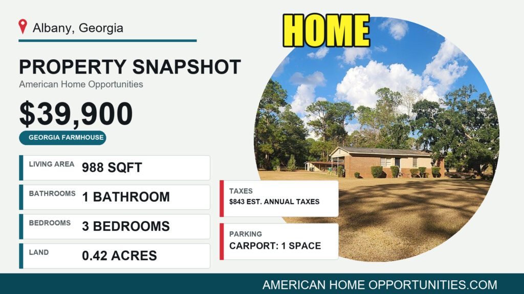 Cheap farmhouse in Georgia with land: a 1960s brick 3-bedroom house with a carport on a 0.42-acre city lot in Albany.