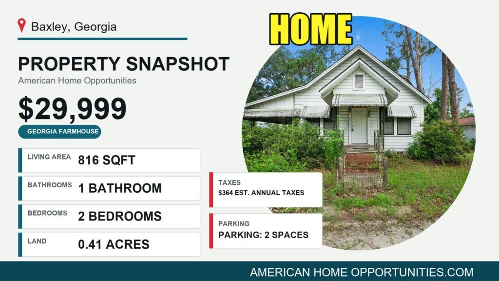 Cheap farmhouse in Georgia with land: a 1940s cottage on a level 0.41-acre town lot inside Baxley, the cheapest property in the roundup.