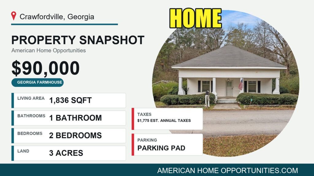 Cheap farmhouse in Georgia with land: a historic 1922 home with a front porch on 3 acres in Crawfordville, near downtown and I-20.