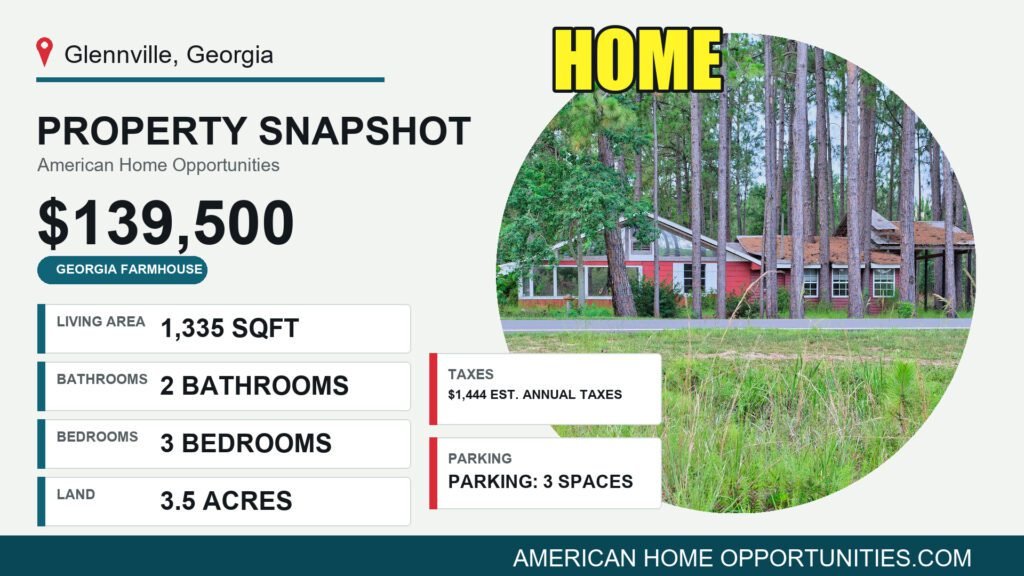 Cheap farmhouse in Georgia with land: a red one-story 1950 ranch set back among tall pines on 3.5 acres in Glennville.