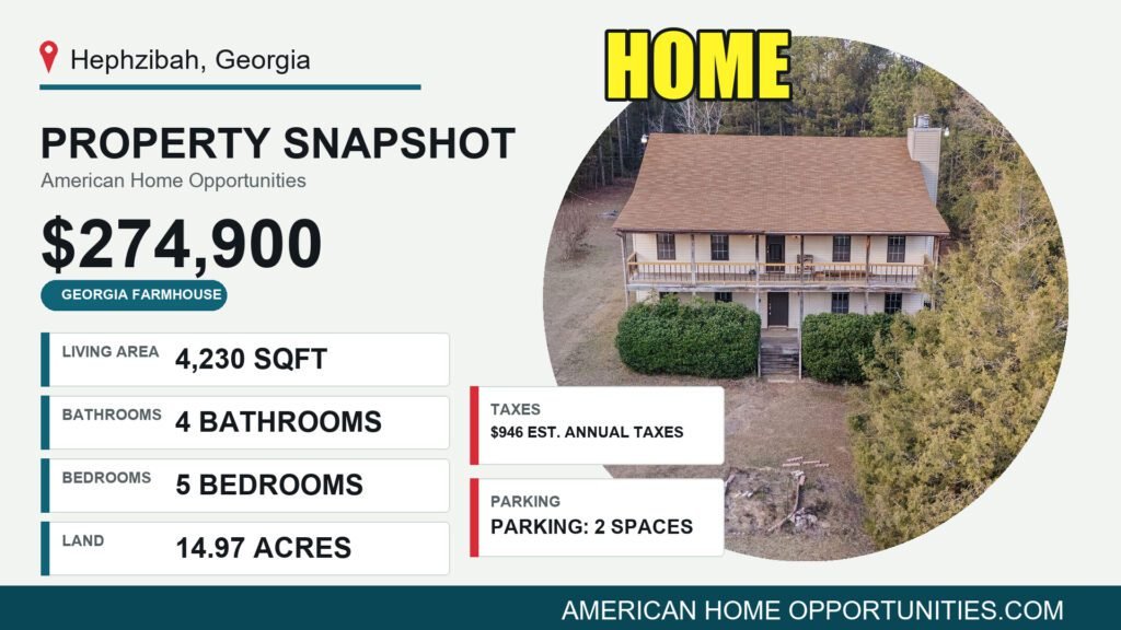 Cheap farmhouse in Georgia with land: a 5-bedroom farmhouse with two covered rocking-chair porches on 14.97 acres in Hephzibah, near Augusta.