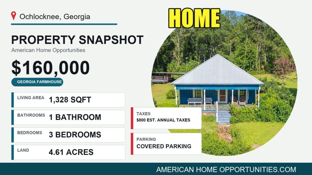 Cheap farmhouse in Georgia with land: a 1921 farmhouse with a metal roof and covered front porch on 4.61 acres near Thomasville.