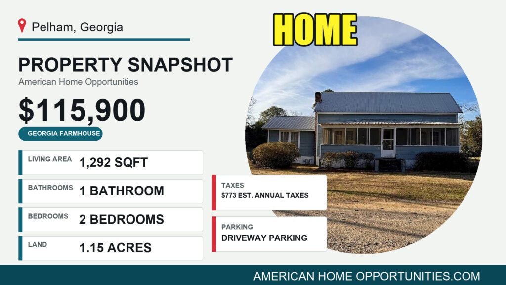 Cheap farmhouse in Georgia with land: a 2-bedroom cottage with a durable metal roof on a 1.15-acre town lot in Pelham.