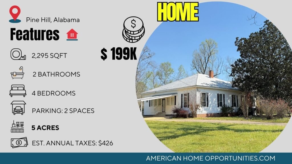 1900 historic farmhouse on 5 acres in Pine Hill, Alabama