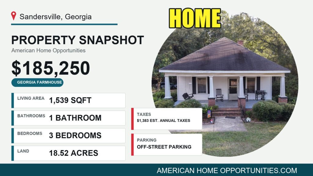 Cheap farmhouse in Georgia with land: a 1920s cottage on an 18.52-acre corner lot within walking distance of downtown Sandersville.