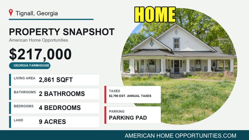 Cheap farmhouse in Georgia with land: an early-1900s 4-bedroom farmhouse with a metal roof on 9 acres with a fruit orchard in Tignall.