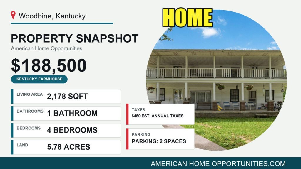 Historic 1888 farmhouse on nearly 6 acres in Woodbine Kentucky with two-story porch