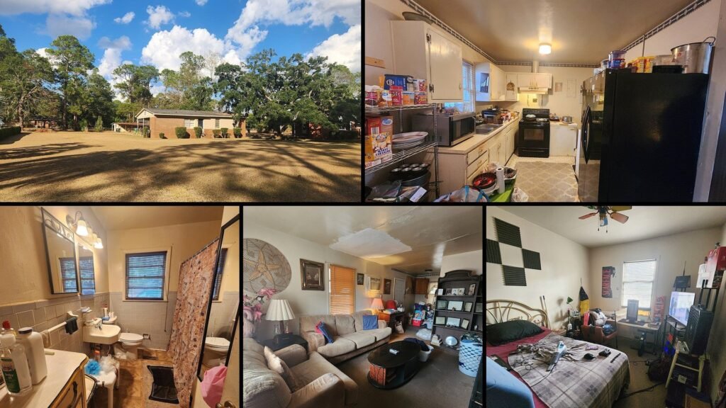 Interior collage of a cheap Georgia farmhouse in Albany: a three-bedroom, one-bath brick home of just under 1,000 square feet, sold as-is and needing updating.