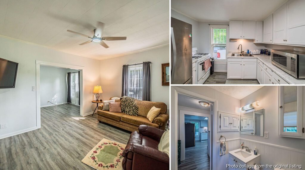 Interior collage of a fully updated Arlington Kentucky home with new flooring tiled shower and fresh paint