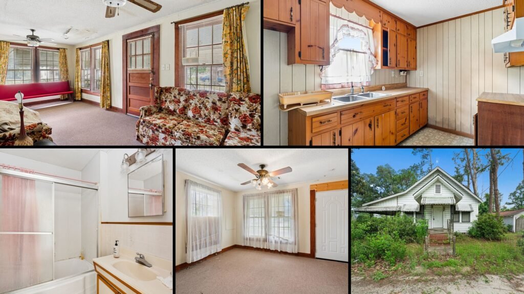 Interior collage of a cheap Georgia farmhouse in Baxley: original windows, antique trim and original wood flooring under the carpet in a 1940s investor-special cottage.