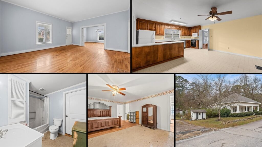 Interior collage of a cheap Georgia farmhouse in Crawfordville: original hardwood floors, a separate living room, family room, formal dining room and breakfast room, and a fireplace.