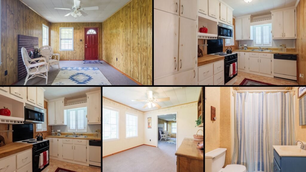 Interior collage of a cheap Georgia farmhouse in Fargo: a country kitchen with a breakfast area, included appliances and both bedrooms on the main level.