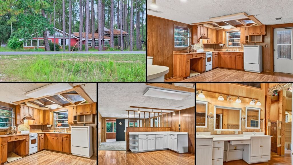 Interior collage of a cheap Georgia farmhouse in Glennville: knotty-pine paneling, vaulted ceilings, stained-glass accents, a jetted tub and a solarium built around a living pine tree.