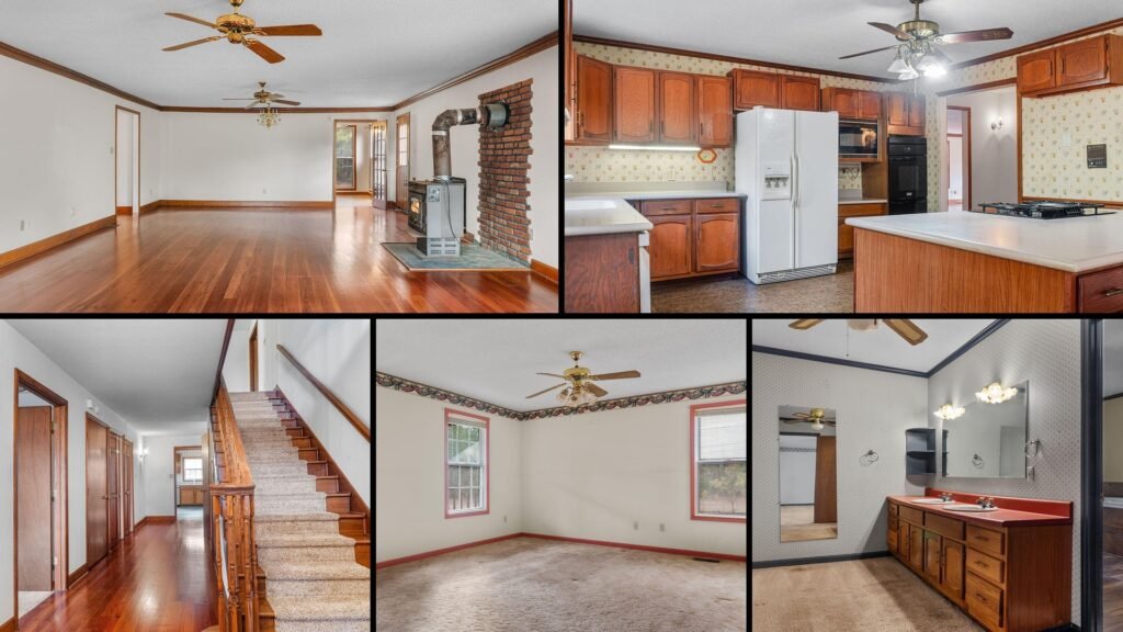 Interior collage of a cheap Georgia farmhouse in Hephzibah: heart-pine hardwood floors, a large great room, a center-island kitchen with a propane cooktop, and a primary bath with a jetted tub.
