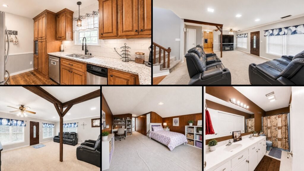 Interior of the Killen, Alabama earth-sheltered home — dining room, remodeled kitchen and bedroom
