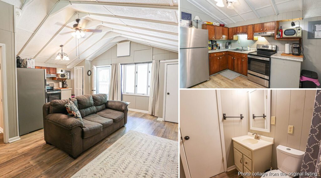Interior collage of a compact Kentucky Lake cabin near Murray with two bedrooms and laminate floors