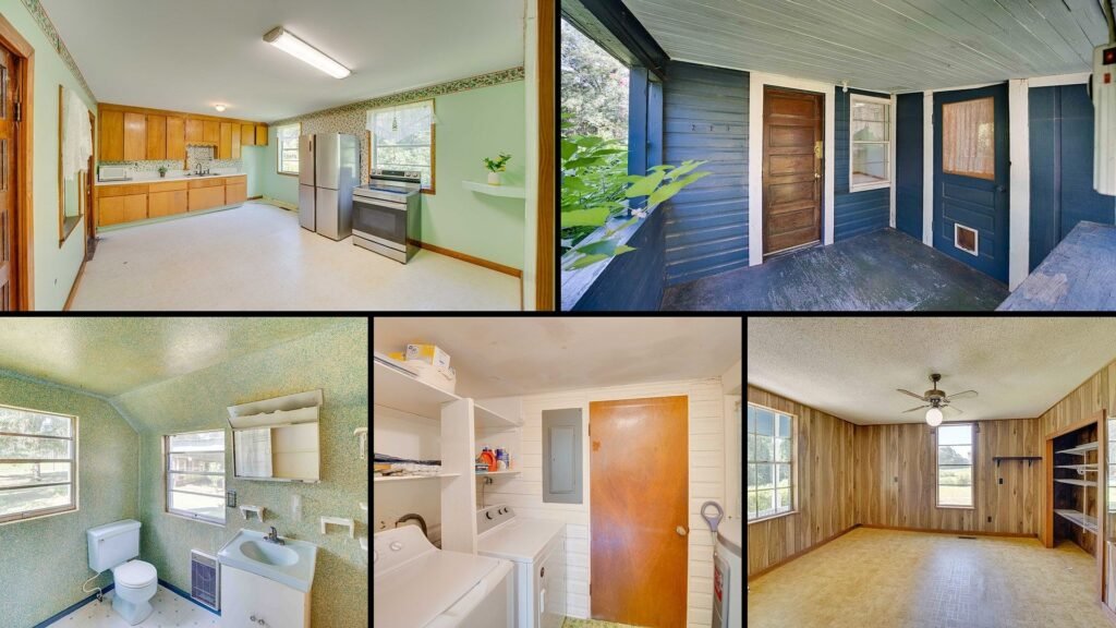 Interior collage of a cheap Georgia farmhouse in Ochlocknee: a spacious eat-in kitchen, five antique original doors, built-in bookcases and 2024 central heat and air.