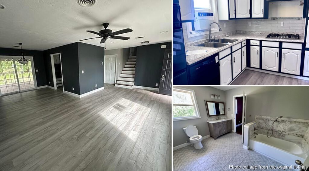 Interior collage of a Paducah Kentucky tri-level fixer with two living areas and unfinished lower level