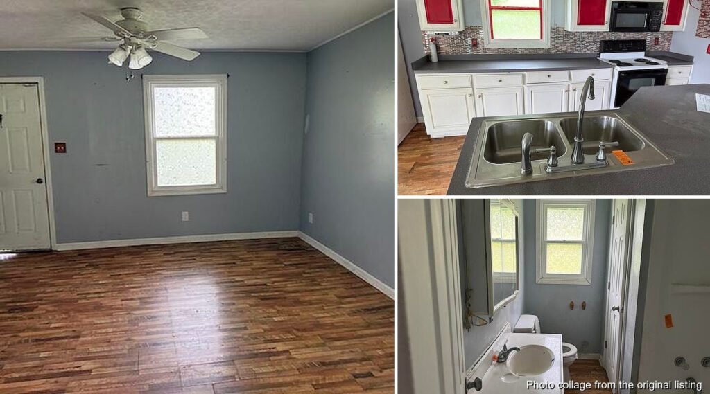 Interior collage of a Parksville Kentucky brick ranch with three bedrooms laminate floors and foundation repair needed