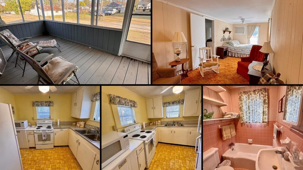Interior collage of a cheap Georgia farmhouse in Pelham: a comfortable layout with two well-sized bedrooms, a kitchen pantry and included appliances.