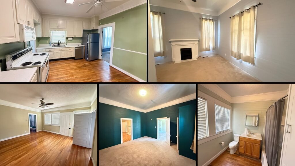 Interior of the Pine Hill, Alabama farmhouse — fireplace living room, kitchen and bedroom