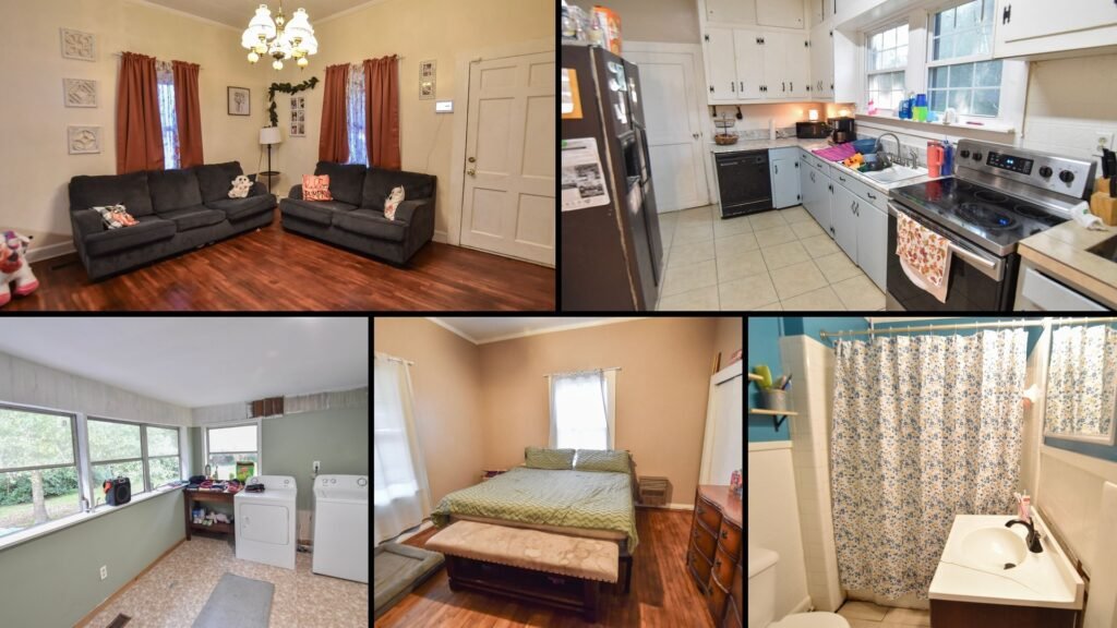 Interior collage of a cheap Georgia farmhouse in Sandersville: hardwood floors, a floor-to-ceiling brick fireplace between the family and dining rooms, and an oversized kitchen.