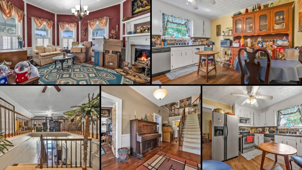 Interior collage of a cheap Georgia farmhouse in Tignall: tall airy ceilings, original wood floors, two fireplaces and an upstairs loft in a 1920s fixer-upper.