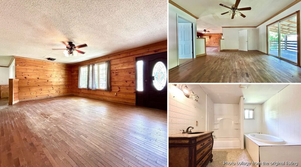Interior collage of a bank-owned Whitley City Kentucky fixer with three bedrooms and renovation potential
