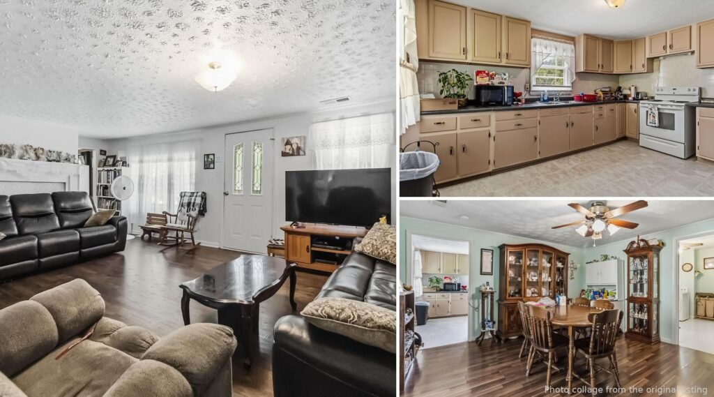 Interior collage of a historic 1888 Woodbine Kentucky farmhouse with four bedrooms and original character