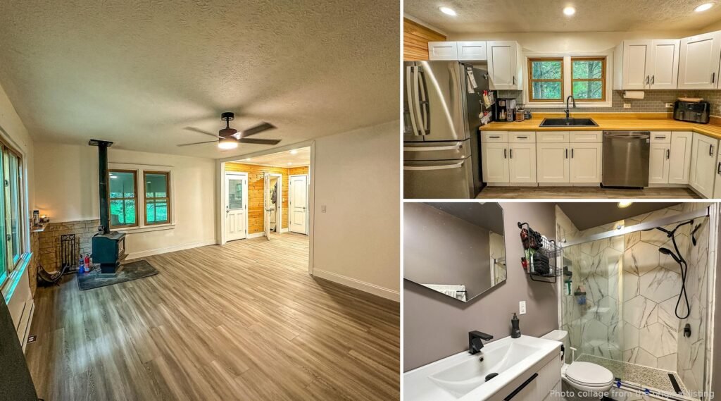 Interior collage of an updated Woollum Kentucky ranch with new flooring bathroom and wood stove