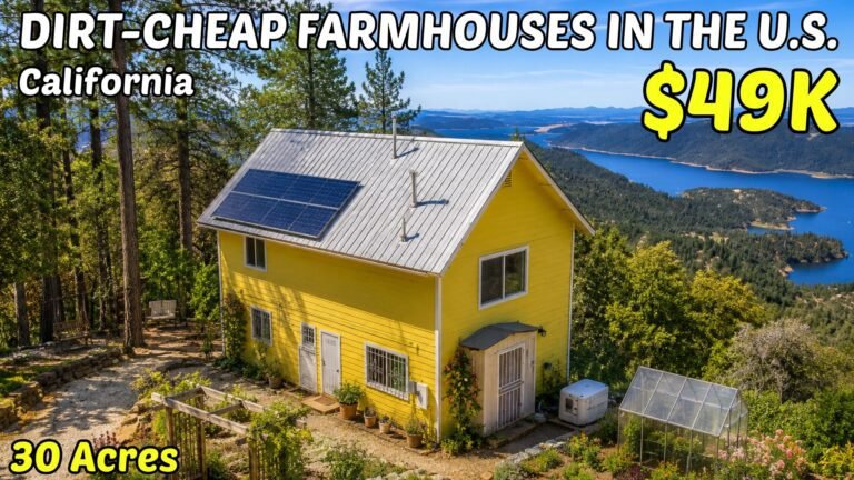 YouTube thumbnail graphic for a roundup of 10 cheap farmhouses with land in Northern California