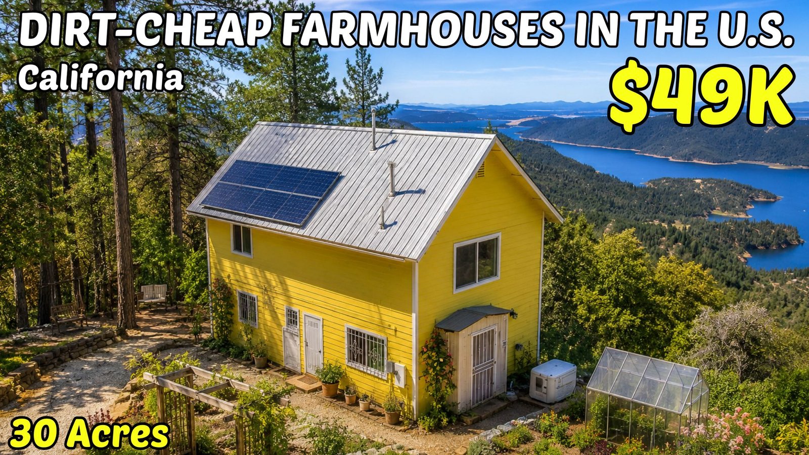 YouTube thumbnail graphic for a roundup of 10 cheap farmhouses with land in Northern California