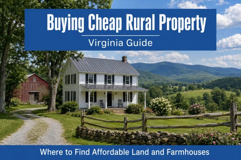 Digital illustration of a rural Virginia farmhouse, cover image for "How to Find Cheap Rural Property in Virginia (Complete Guide)"