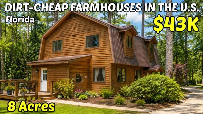 Video thumbnail for the American Home Opportunities tour of the cheapest counties in Florida to buy land, showing a wood-sided farmhouse priced at $43,000 on eight acres