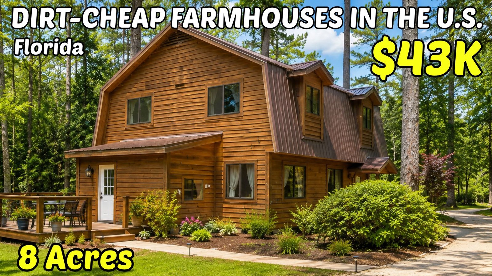 Video thumbnail for the American Home Opportunities tour of the cheapest counties in Florida to buy land, showing a wood-sided farmhouse priced at $43,000 on eight acres