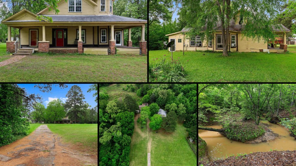 Exterior and land collage of a cheap farmhouse on 23.04 acres for sale in Gilmer, Texas