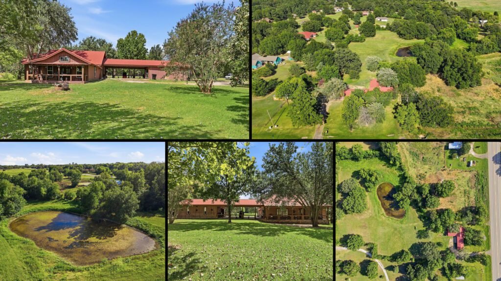 Exterior and land collage of a cheap farmhouse on 3.39 acres for sale in Clarksville, Texas